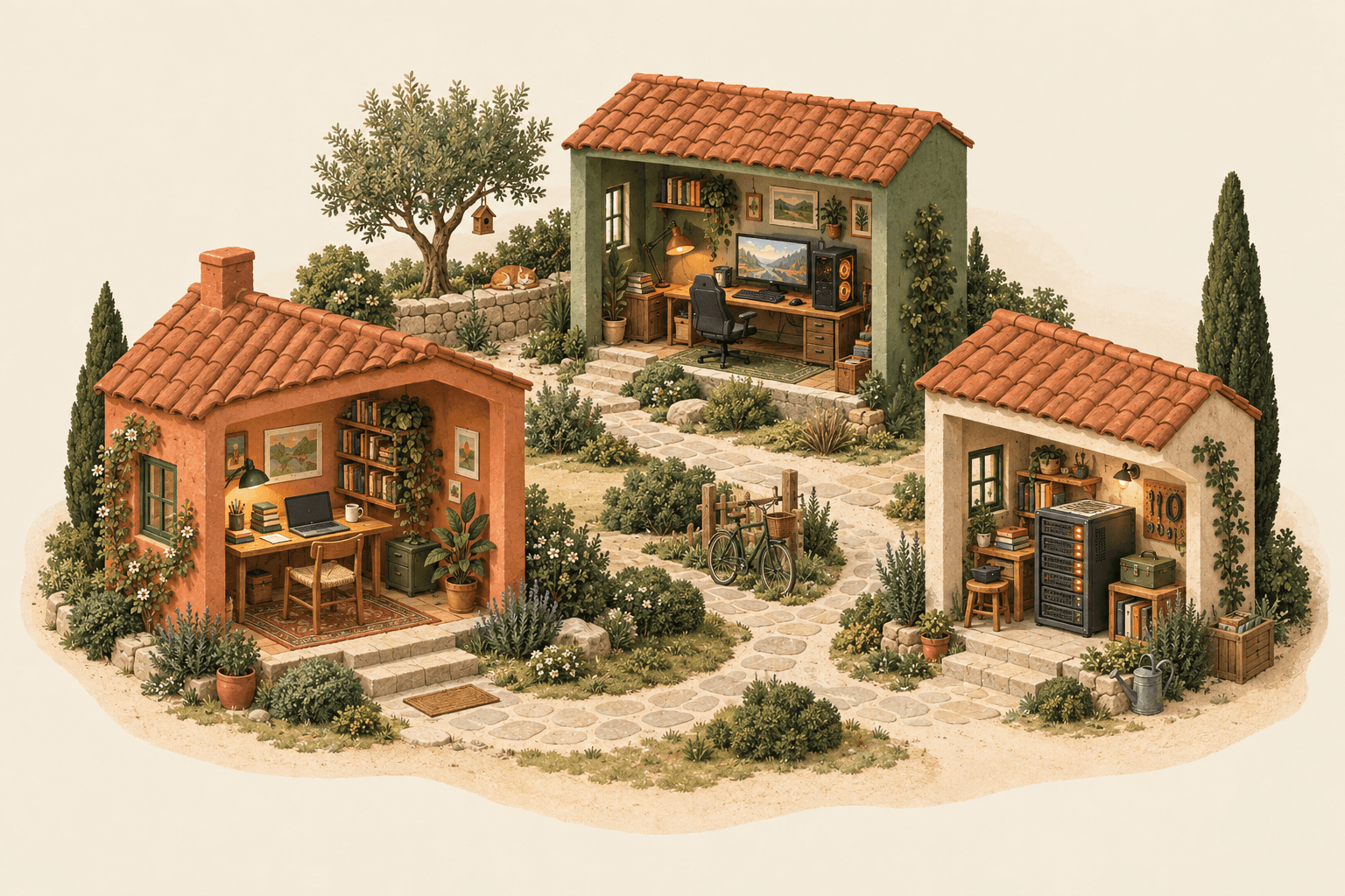 Three tiny garden workrooms: a laptop study, a gaming desktop studio, and a home server workshop, linked by a winding path.